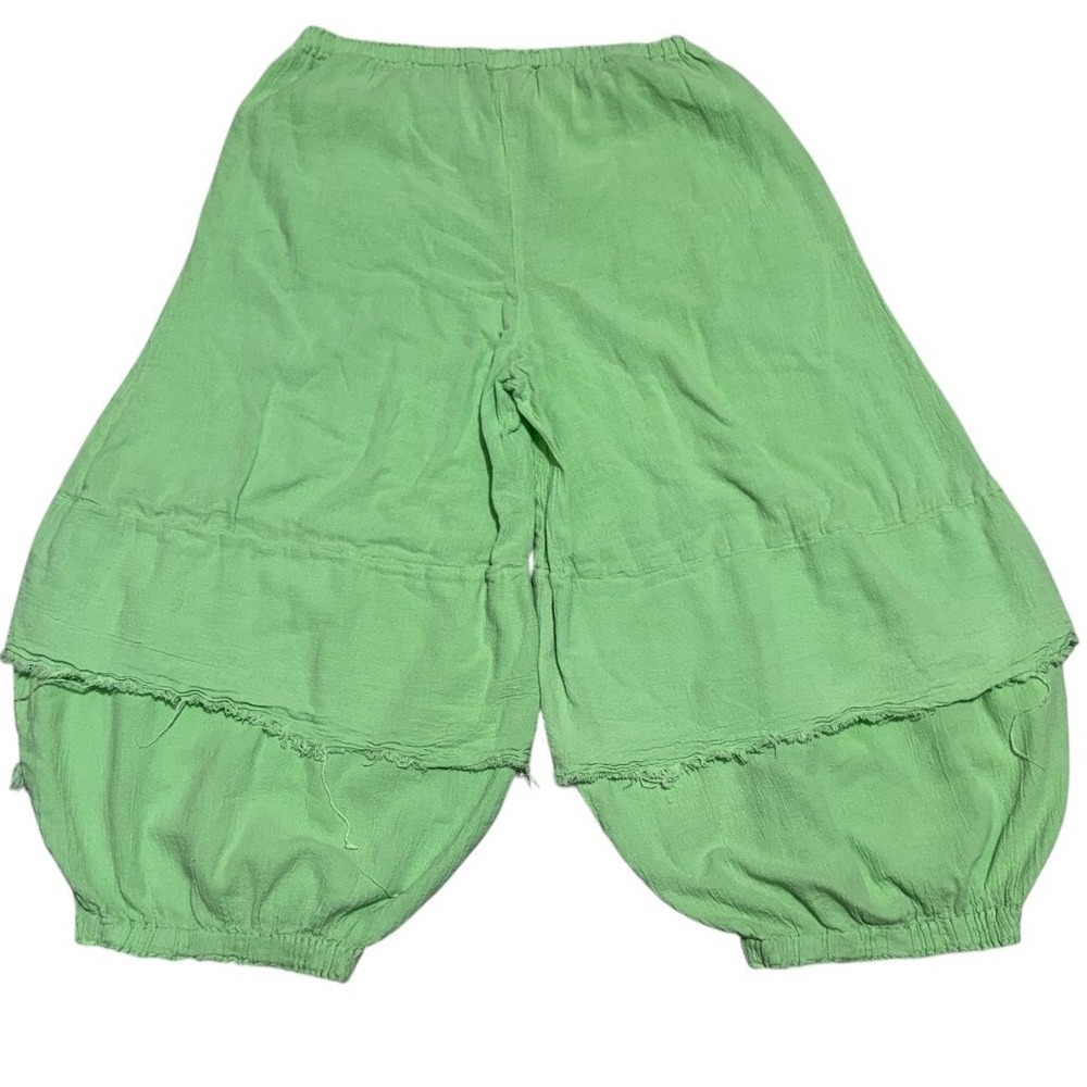 Green Cotton Gauze Balloon Pants Wide Leg Boho Lagenlook Elastic Waist Size L - Picture 8 of 10
